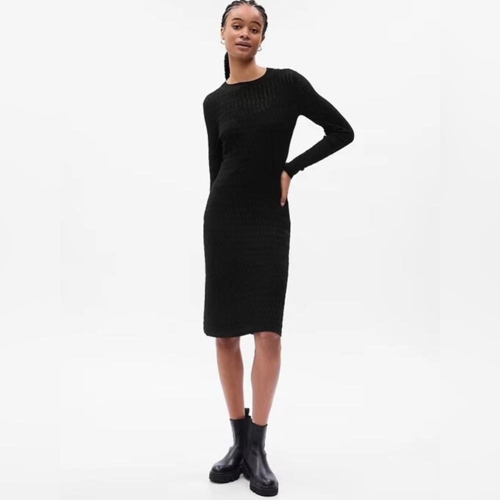 NWT Gap LONG SLEEVE Textured Sweater Midi Dress black wool blend size S tall